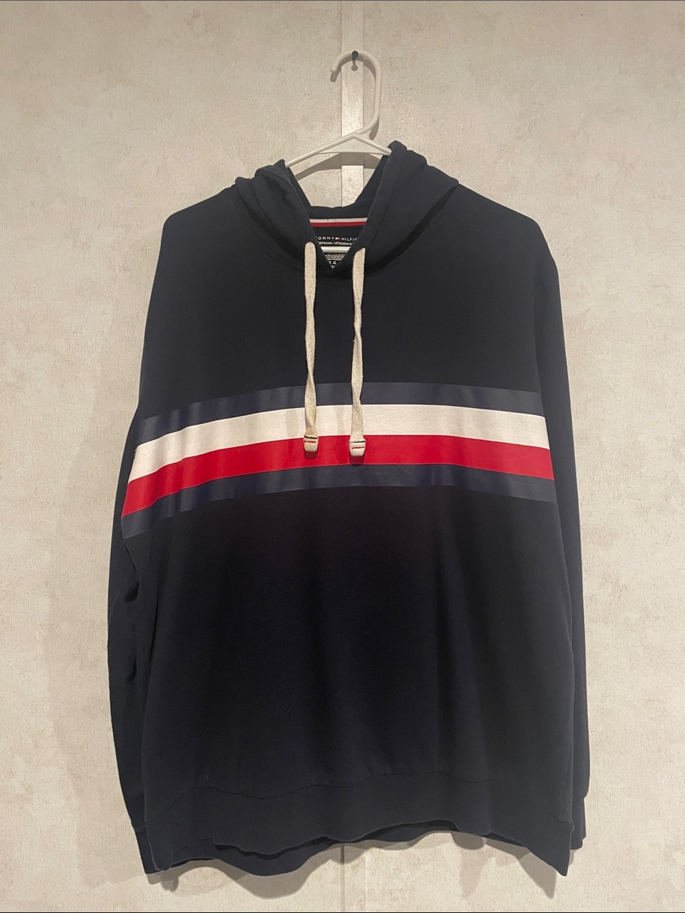 TOMMY HILFIGER Men's Navy Hoodie with Red and White Chest Stripe